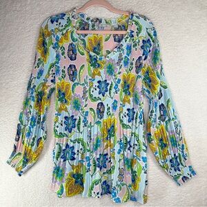 Sunny Leigh Blue Yellow Green Rouched Pleated Blouse‎ Medium